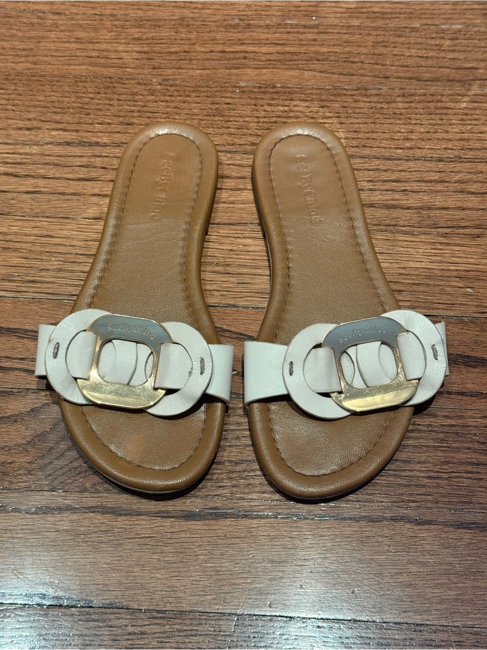 Leather Slide SeeByChloe Sandals with Decorative Buckle - White